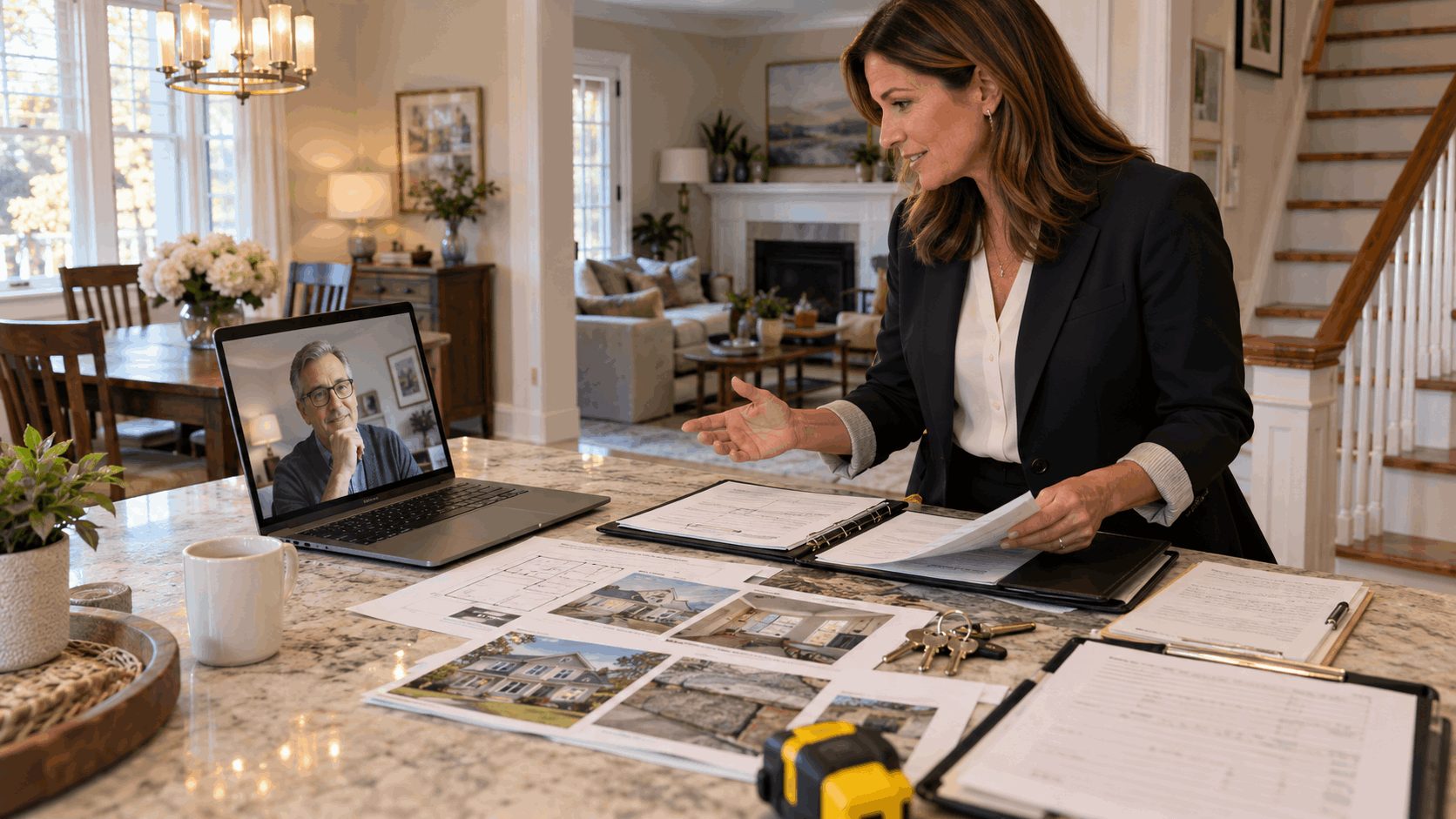 Out-of-state probate seller joining by video call while a North Jersey real estate professional reviews property documents, repair notes, house keys, and inspection details inside an inherited home.