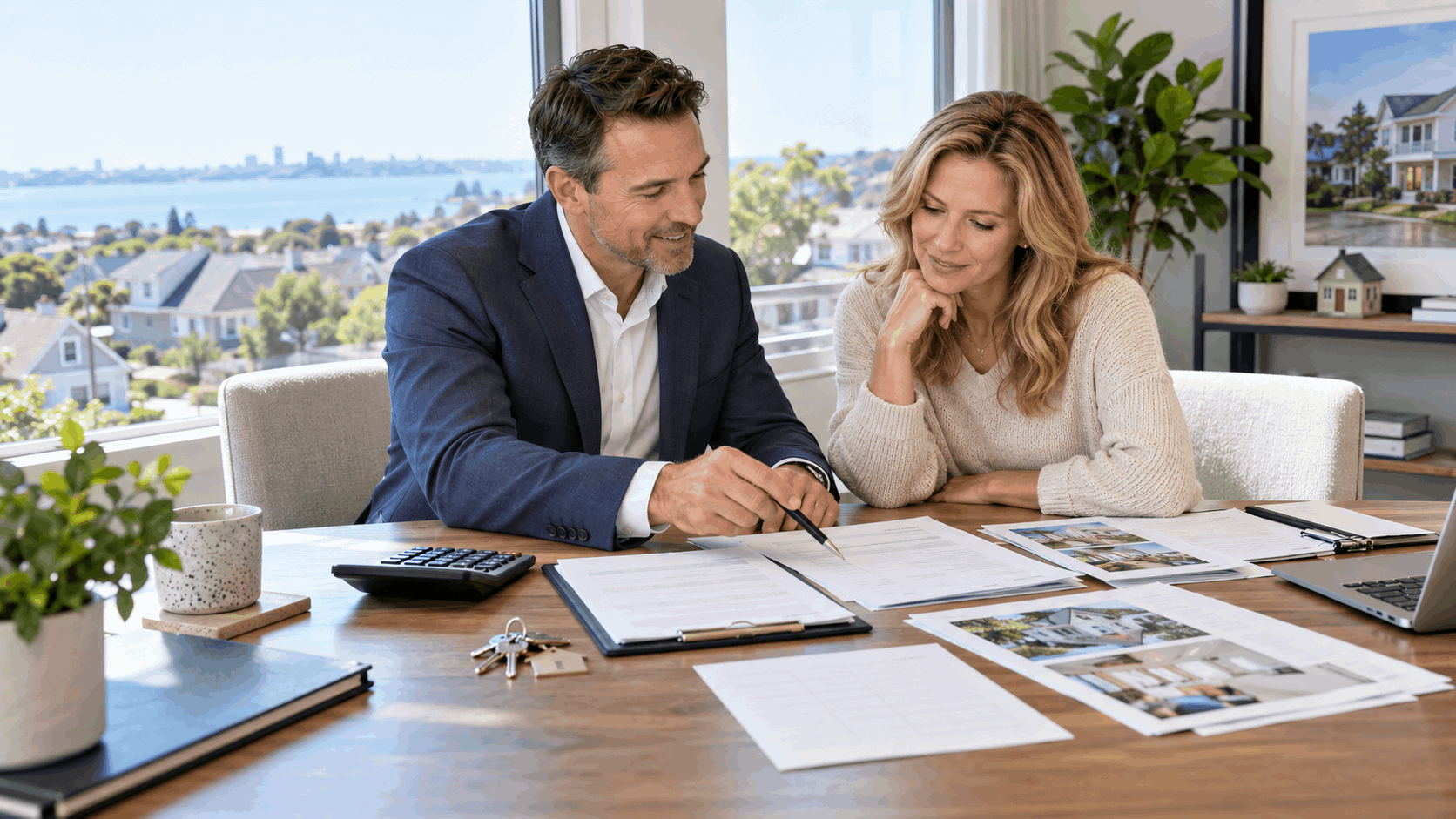 New Jersey homeowner reviewing estimated home sale proceeds, closing costs, repair expenses, and property documents with a real estate professional.