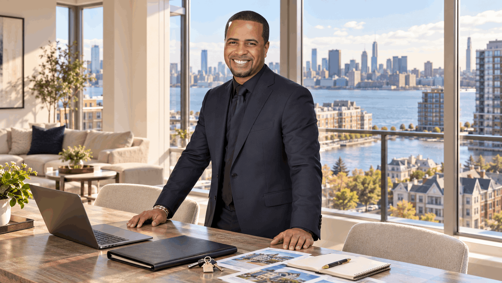 Confident North Jersey real estate professional standing inside a bright modern condo with a laptop, property folder, house keys, comparable sales, and transaction notes, with Hoboken skyline views in the background.