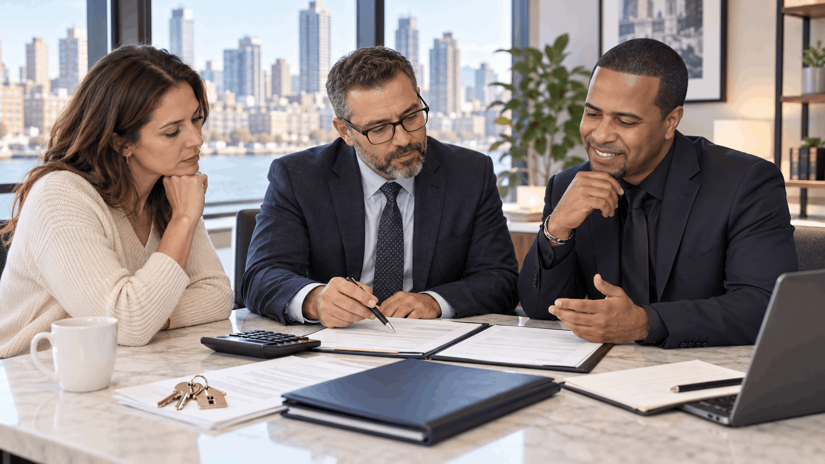 Hoboken condo owner meeting with a CPA and real estate professional to review short-sale tax considerations, mortgage papers, calculator, and house keys in a modern office.