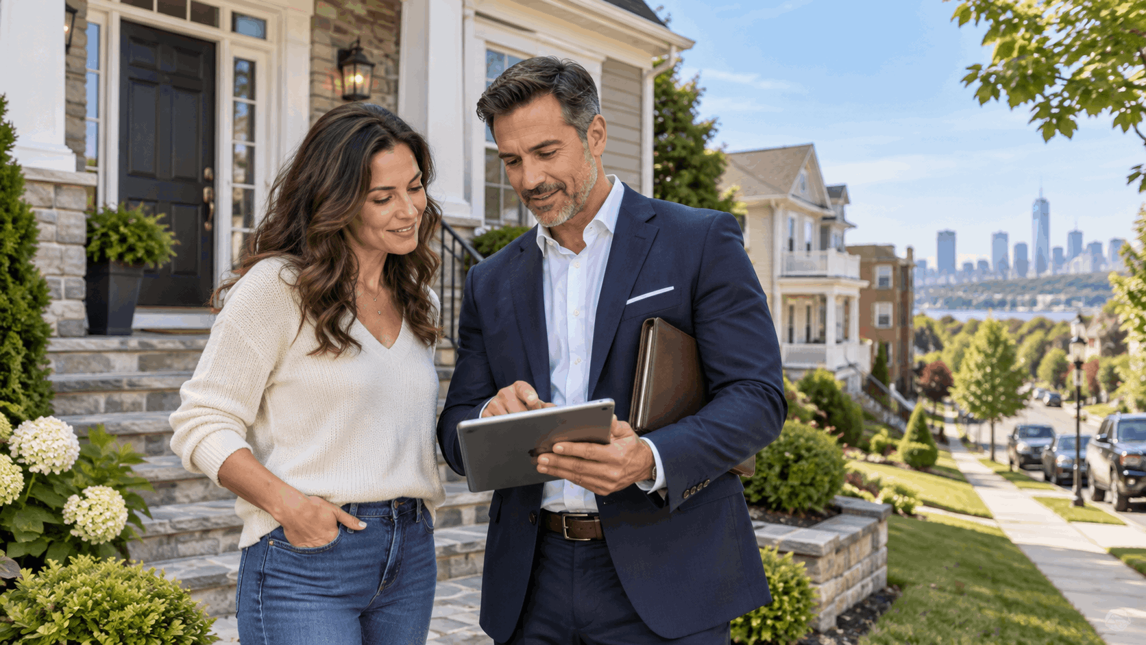 North Jersey homeowner reviewing home selling options with a real estate professional in front of a suburban New Jersey home.