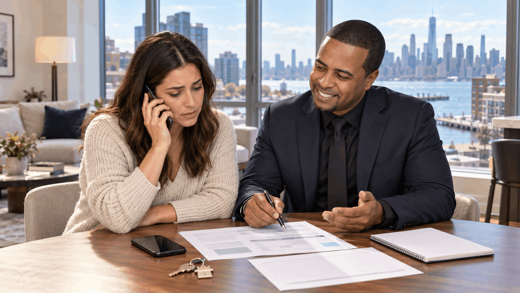 Worried Hoboken homeowner making a mortgage servicer call while sitting with a North Jersey real estate professional reviewing mortgage paperwork and house keys in a modern condo.
