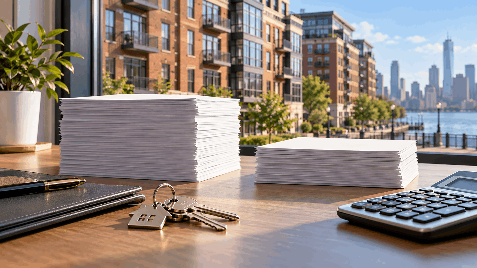 Visual explanation of a Hoboken condo short sale showing a condo building, house keys, calculator, property file, and two paper stacks representing mortgage balance and lower sale proceeds.