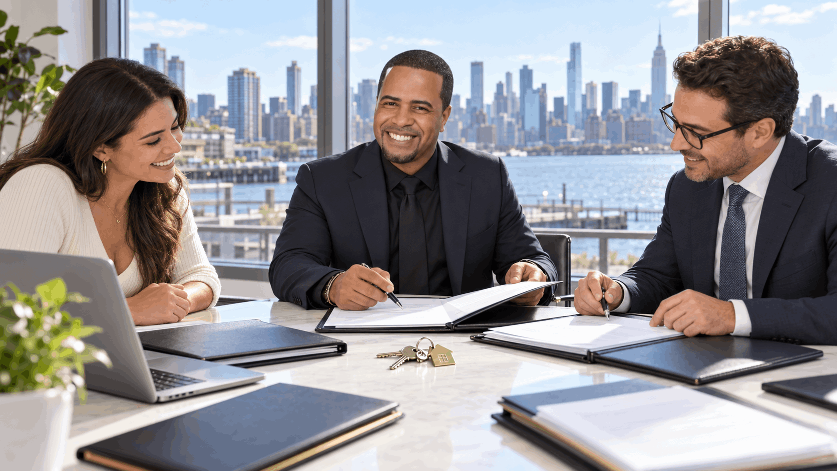 Hoboken condo seller, real estate professional, and attorney reviewing final closing documents with house keys and title paperwork in a bright waterfront office.