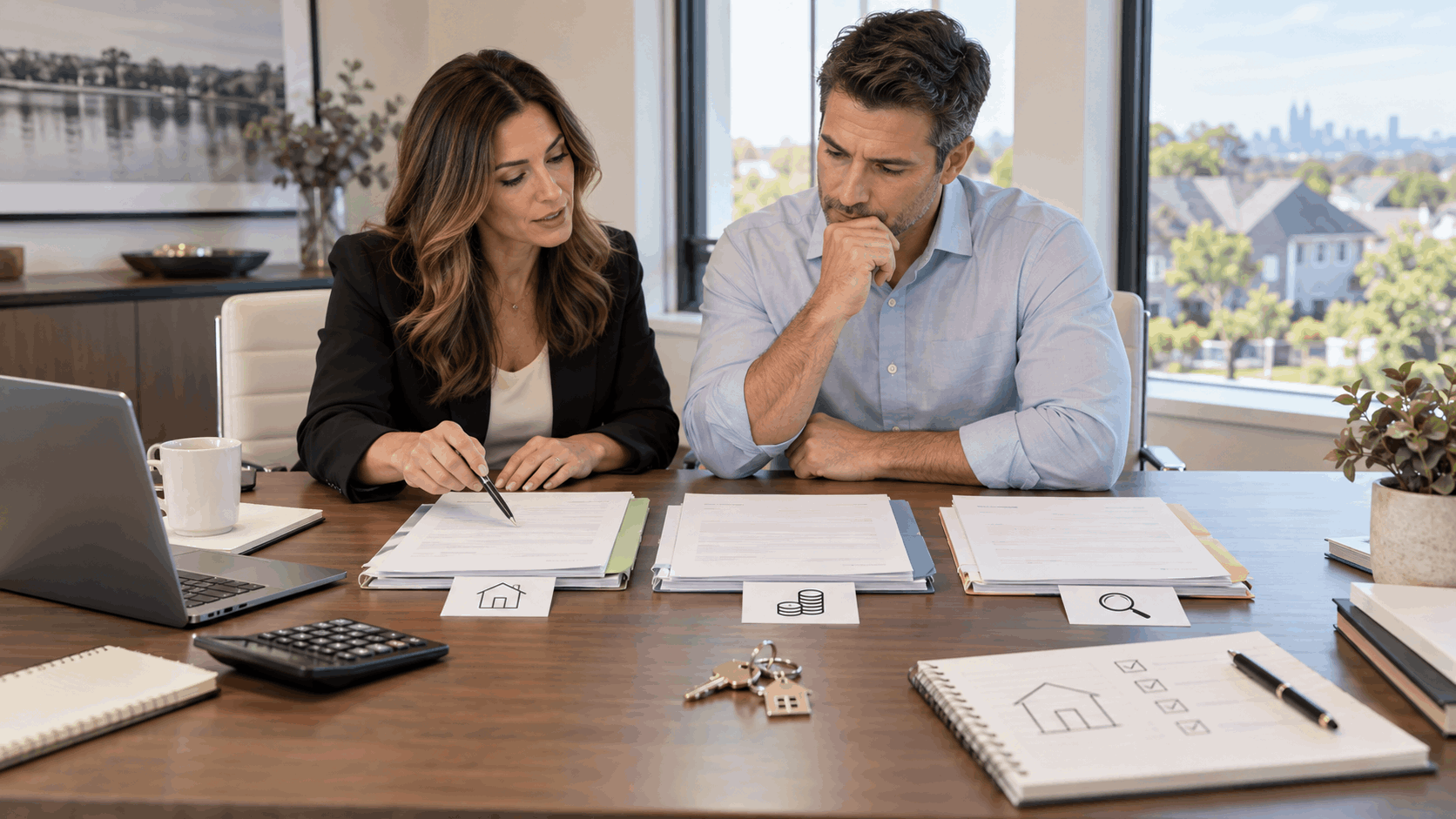 North Jersey homeowner and real estate professional comparing multiple home offers, financing terms, contingencies, and contract details at a conference table.