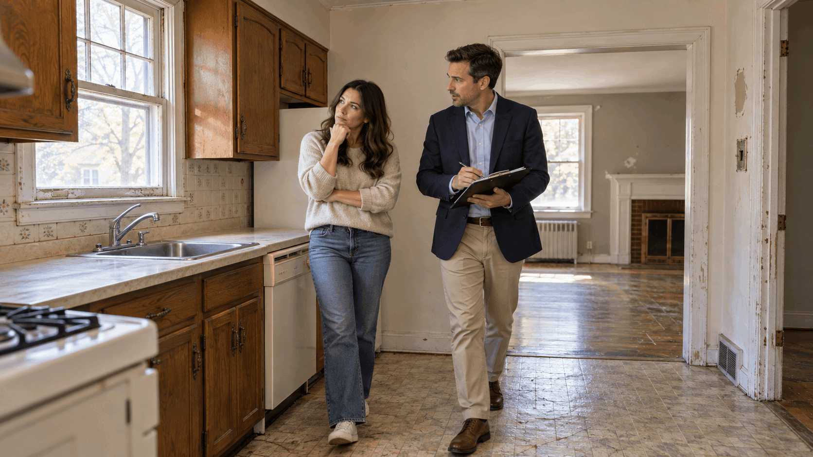North Jersey homeowner and real estate professional touring an older home while discussing whether to renovate or sell as-is.