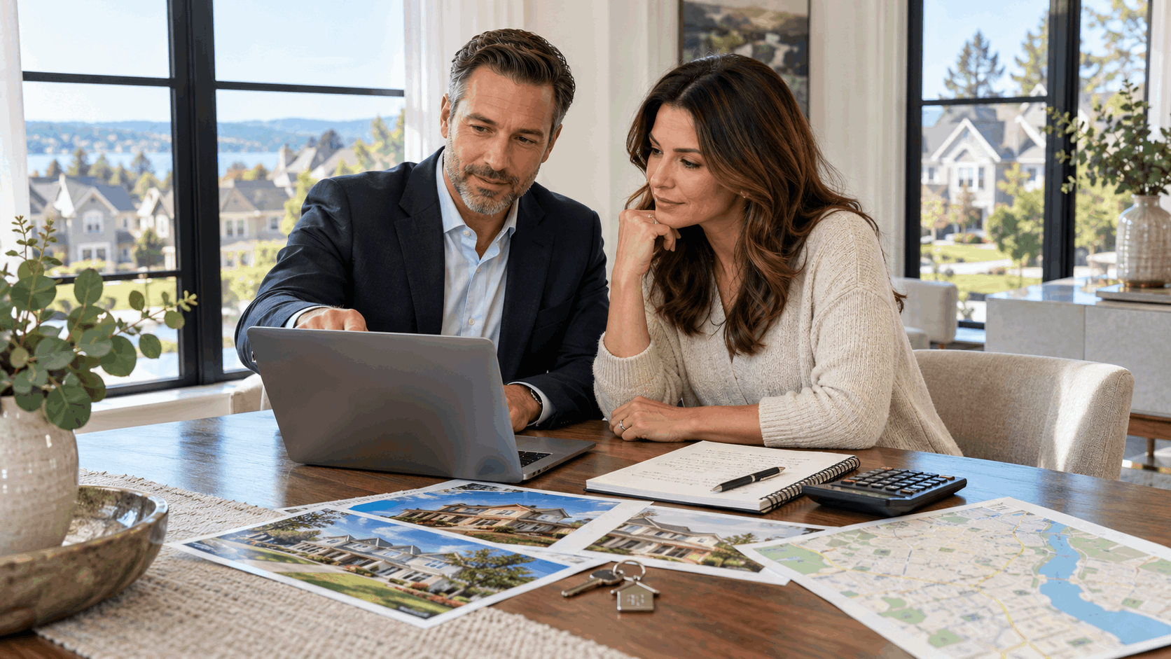 North Jersey real estate professional and homeowner reviewing comparable home sales on a laptop with property photos, calculator, house keys, pricing notes, and a neighborhood map in a bright modern dining room.