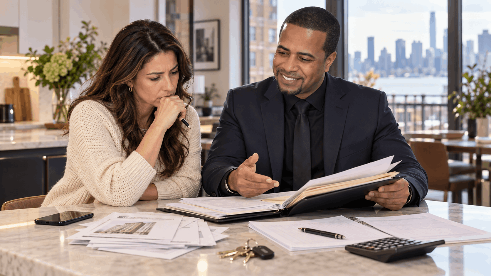 Hoboken condo owner reviewing HOA account documents, property records, house keys, and financial paperwork with a North Jersey real estate professional.
