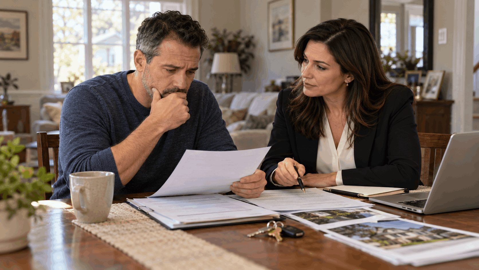 Concerned North Jersey homeowner reviewing mortgage, lien, and property valuation documents with a real estate professional at a dining table.