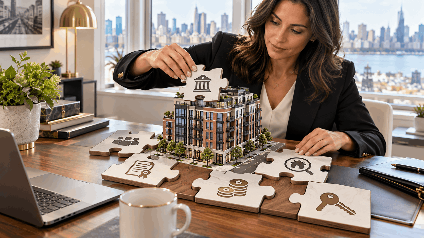 Real estate puzzle concept showing a Hoboken condo building surrounded by puzzle pieces representing lender approval, HOA balance, title, buyer financing, and closing requirements.