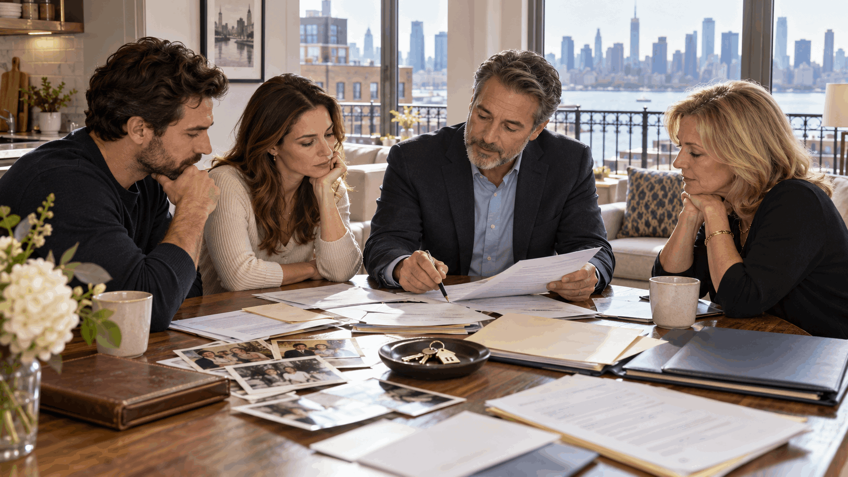 Adult heirs and a North Jersey real estate professional reviewing estate documents, HOA notices, mortgage papers, family photos, and house keys inside an inherited Hoboken condo.
