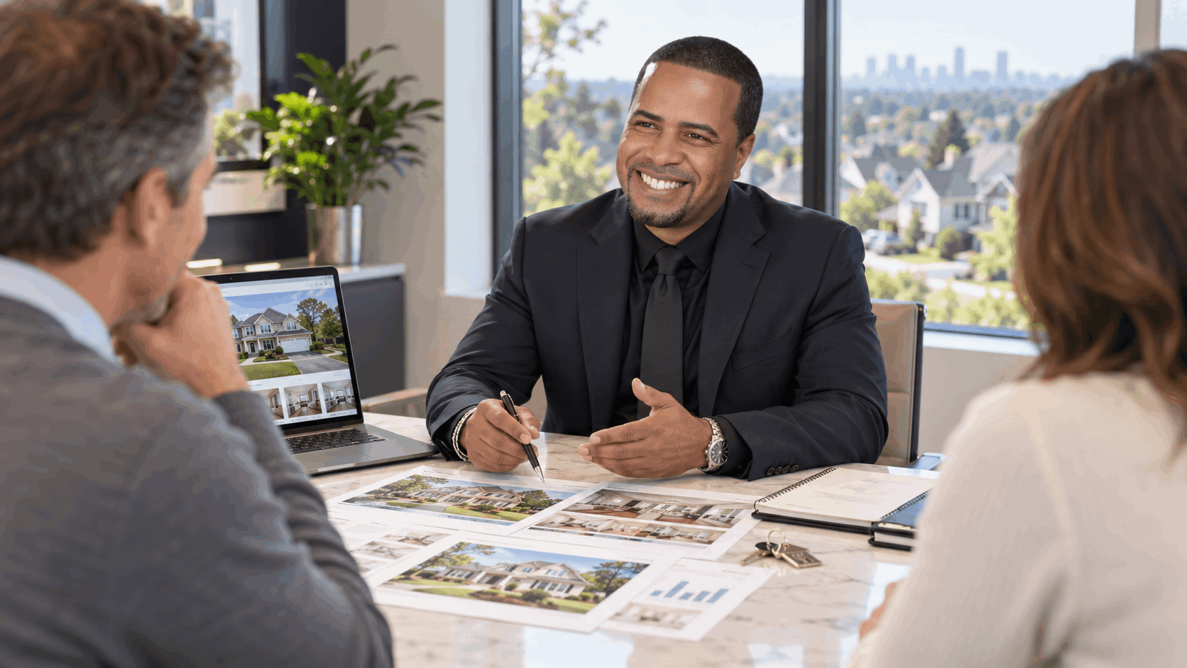 North Jersey homeowners interviewing an experienced real estate agent while reviewing comparable sales, marketing plans, property photos, and house keys in a bright office.