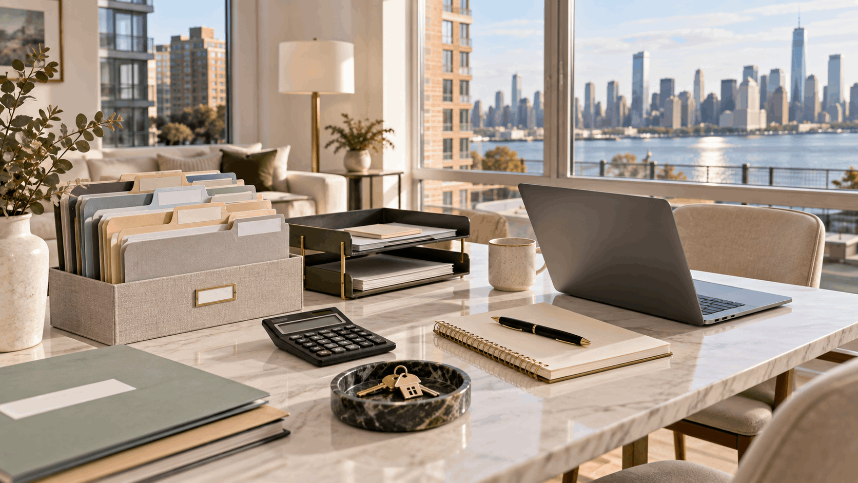 Organized Hoboken homeowner document station with mortgage, HOA, title, insurance, assessment, and property record folders, laptop, calculator, notebook, and house keys in a bright condo.