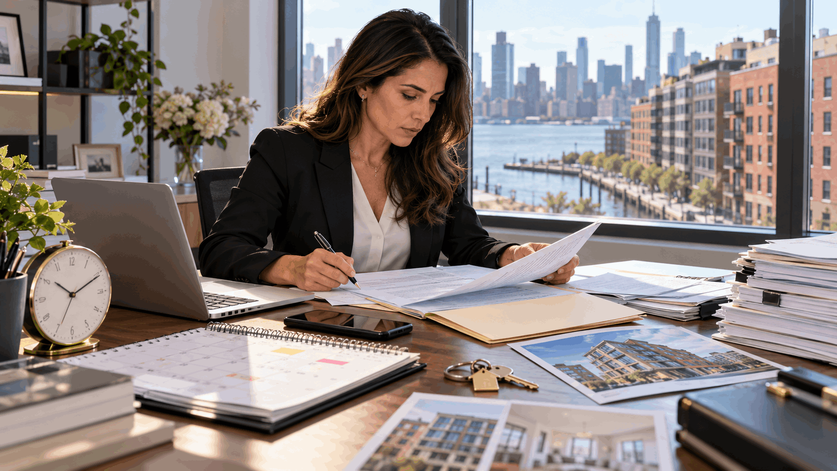 Real estate professional coordinating a Hoboken short sale closing with calendar, approval documents, buyer financing paperwork, condo records, house keys, laptop, and phone.