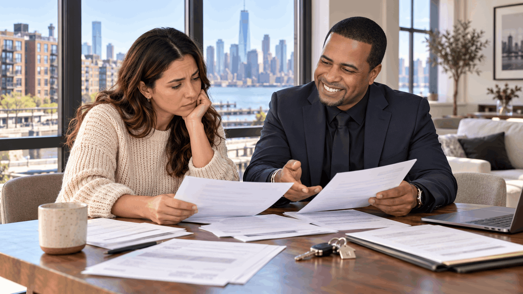 Hoboken condo owner reviewing mortgage statements, HOA notices, and property documents with a North Jersey real estate professional in a modern apartment.