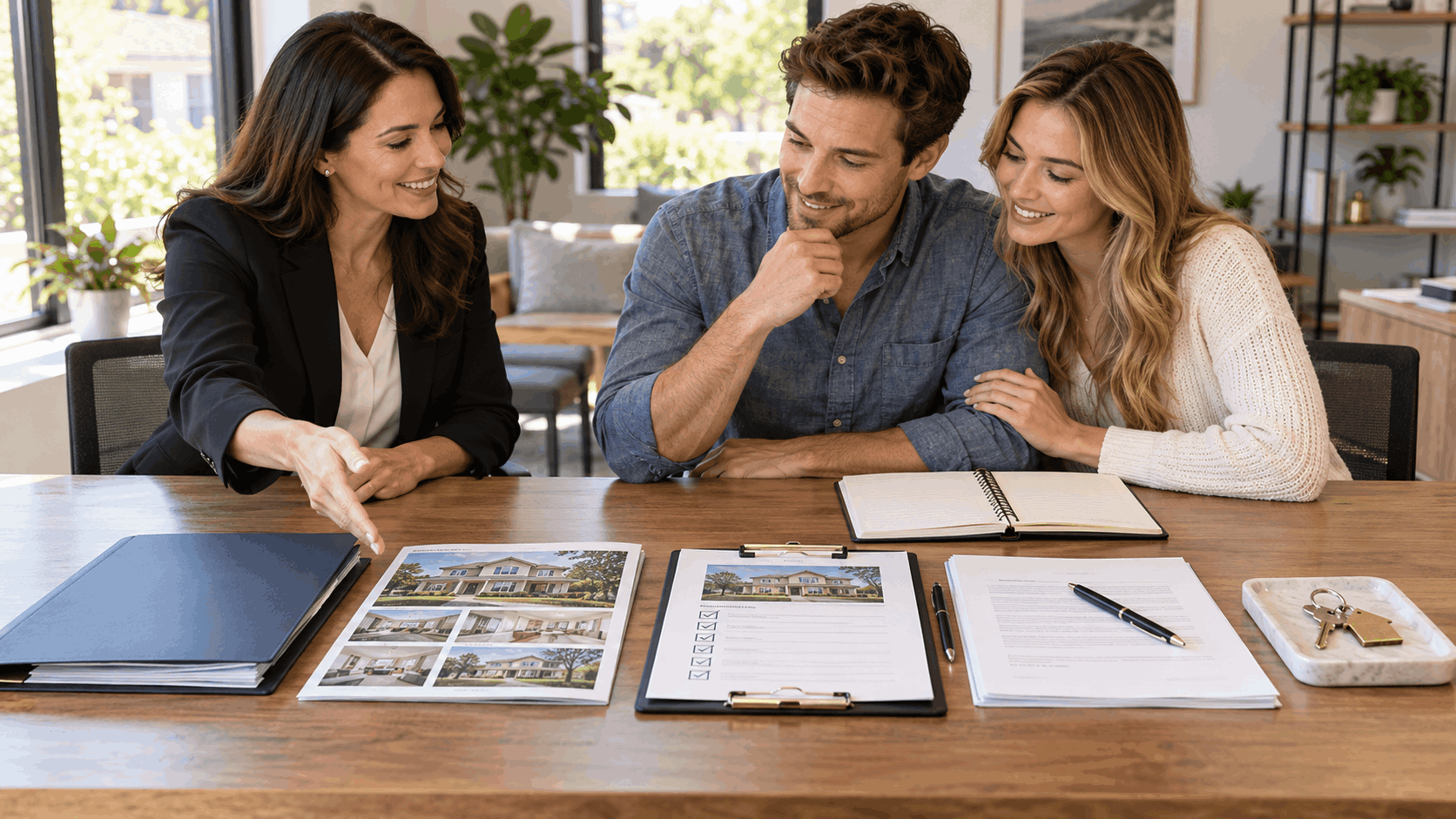 First-time homebuyers reviewing a five-step homebuying process with a real estate professional, including pre-approval documents, property listings, inspection checklist, offer paperwork, and house keys.