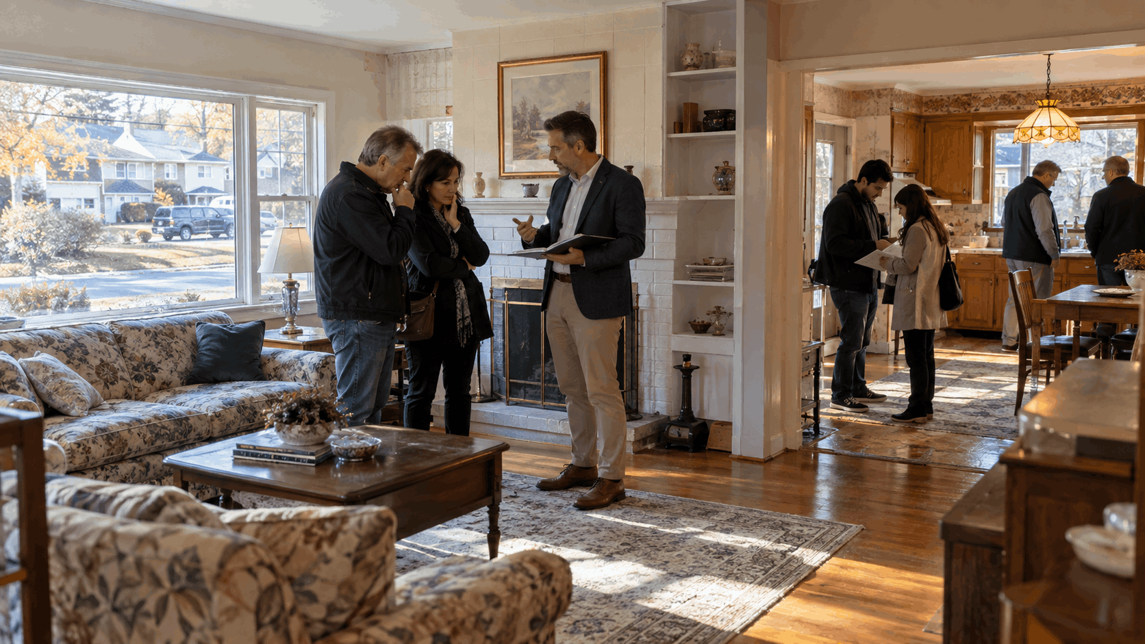 SEO alt text Prospective buyers and investors touring an inherited North Jersey home during an estate sale with a real estate professional discussing renovation needs and property details.