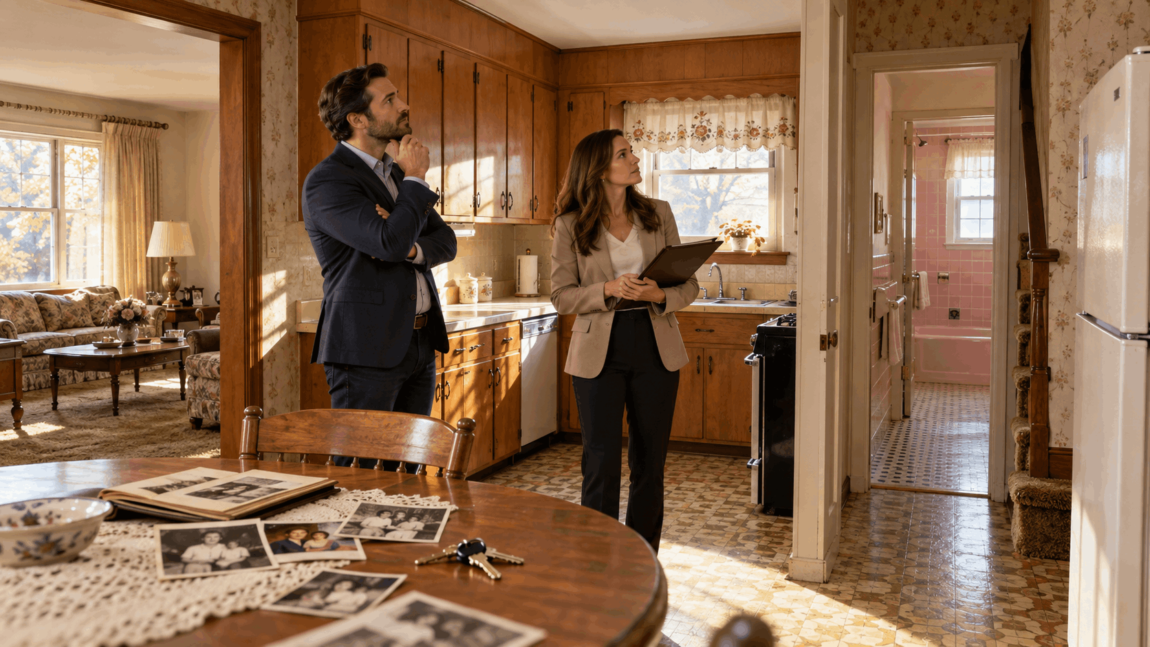 Investor and North Jersey real estate professional evaluating renovation potential inside a well-preserved but dated inherited home with original wood cabinets, older flooring, family photos, and house keys.