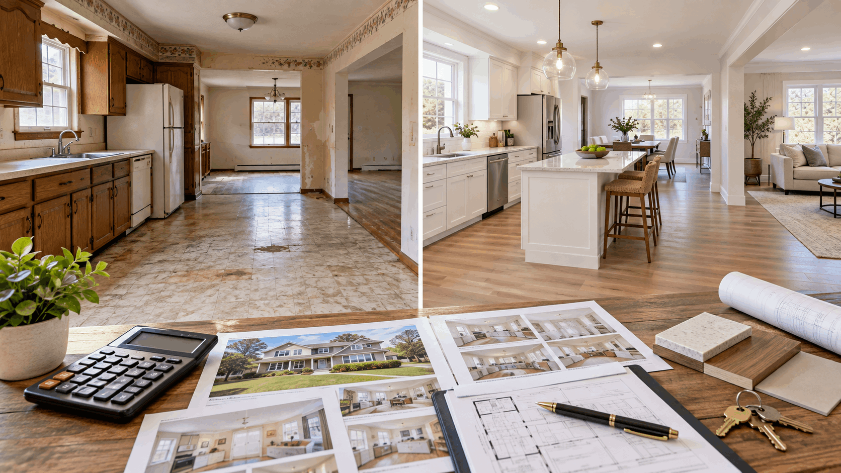 Split-view North Jersey probate investment property showing a dated inherited home and renovated interior, with renovation estimates, comparable sales, calculator, and property keys in the foreground.