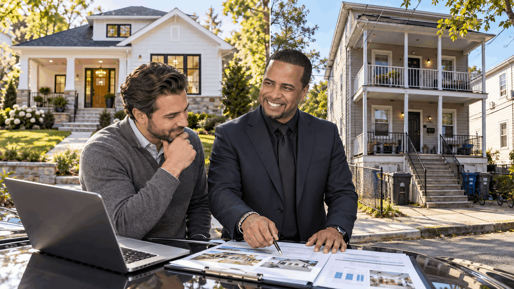 SEO alt text North Jersey probate investor reviewing property figures with a real estate professional while comparing a renovated resale home and a multifamily rental property as potential exit strategies.