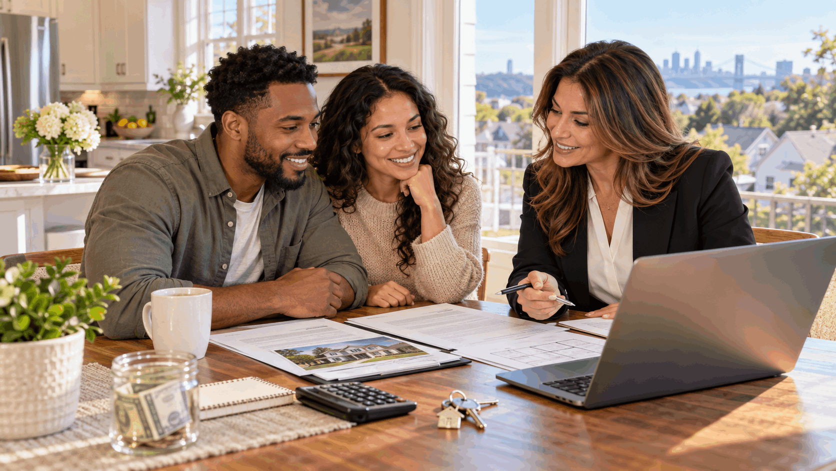 First-time homebuyers reviewing a New Jersey homebuying plan with a real estate professional, mortgage paperwork, calculator, savings, laptop, and house keys.