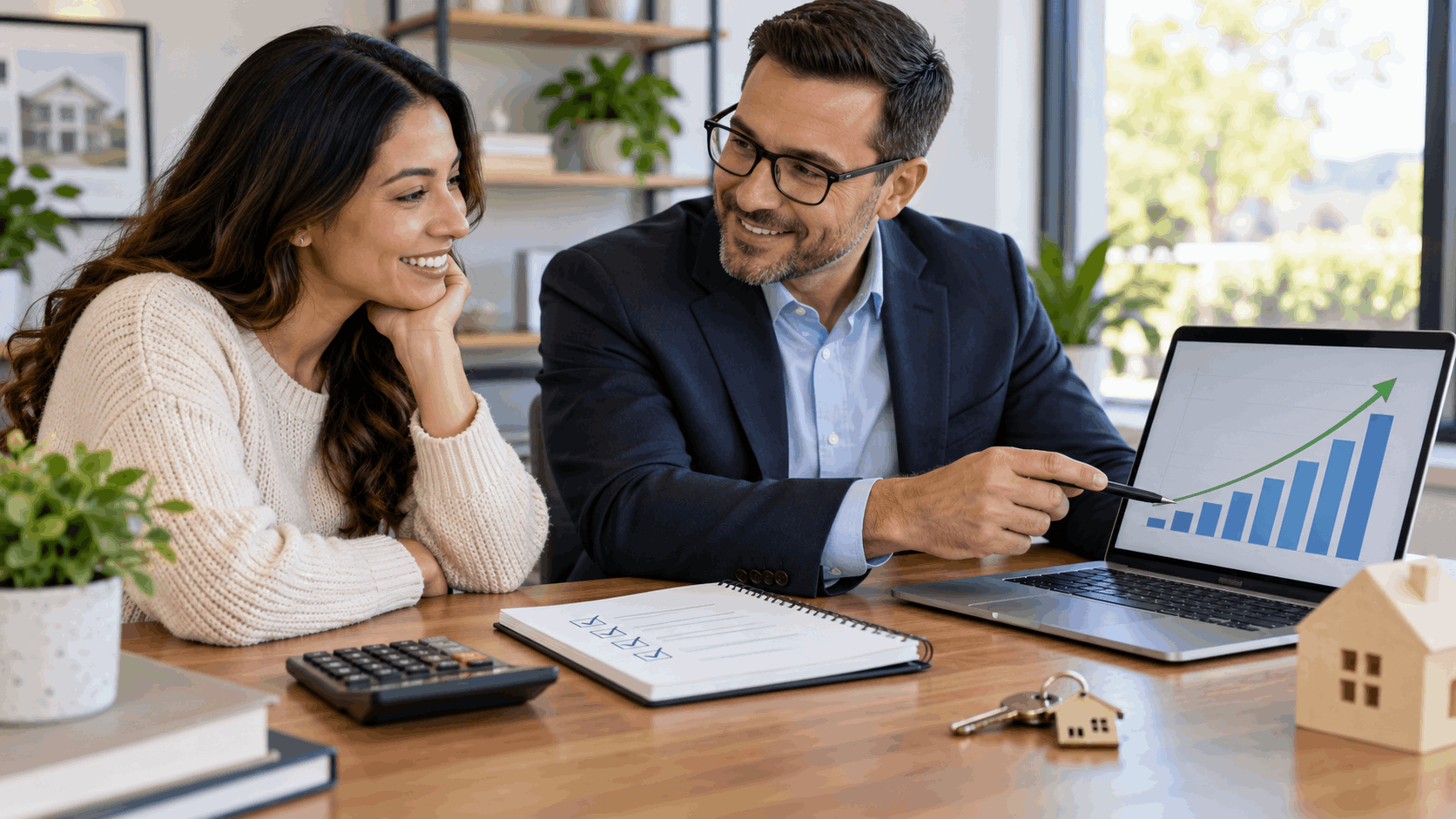 First-time homebuyer reviewing a credit improvement plan with a mortgage professional, upward credit graph, checklist, calculator, and house keys in a bright office.