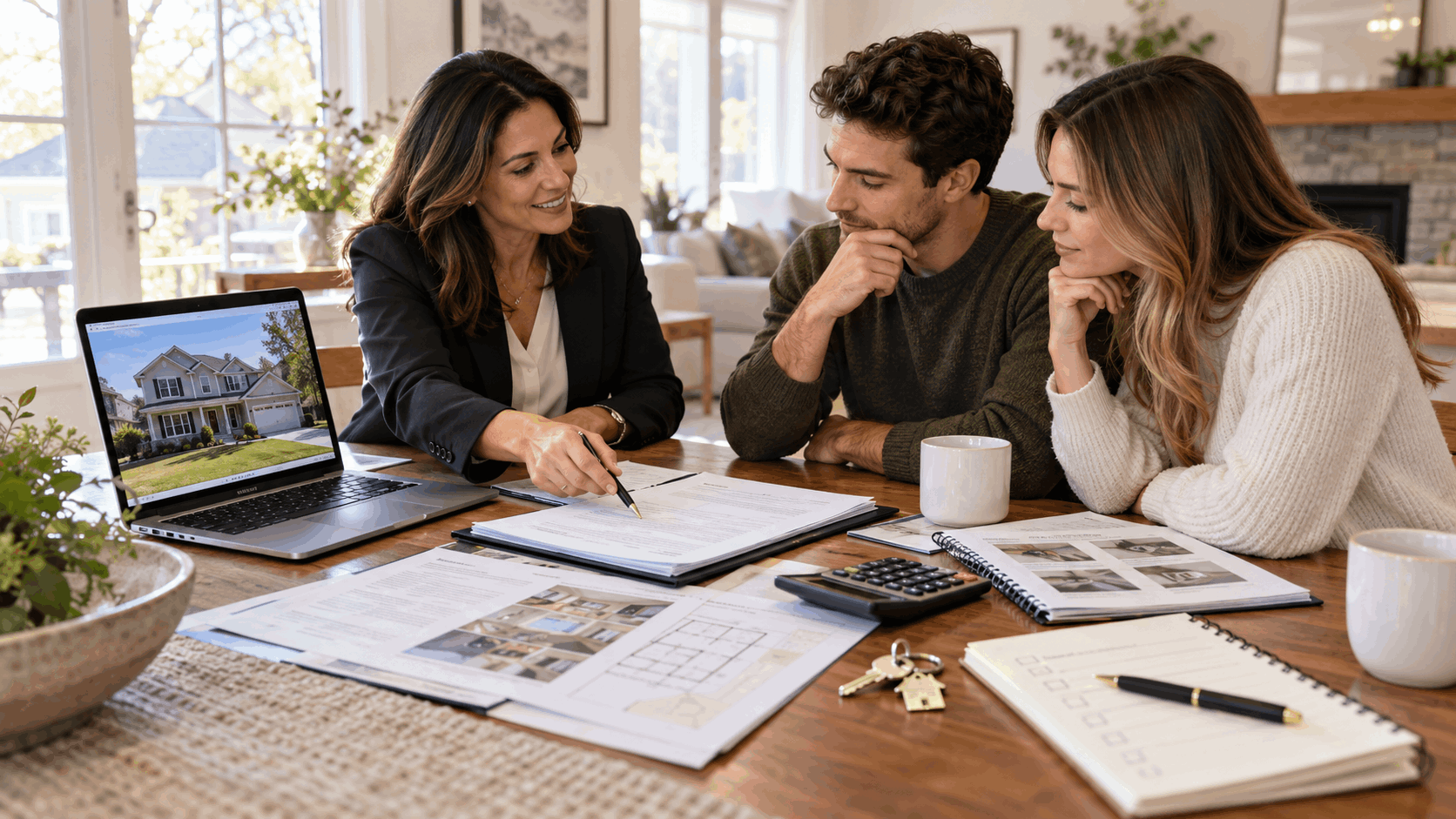 SEO alt text North Jersey first-time buyers preparing a competitive home offer with a real estate professional, property listing, offer documents, inspection notes, calculator, earnest money checklist, and house keys.