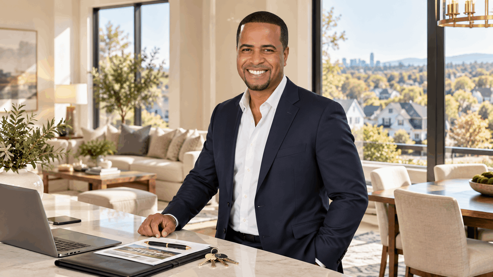 Experienced North Jersey real estate professional standing inside a bright home with laptop, property documents, mortgage paperwork, and house keys, with a suburban neighborhood visible through large windows.