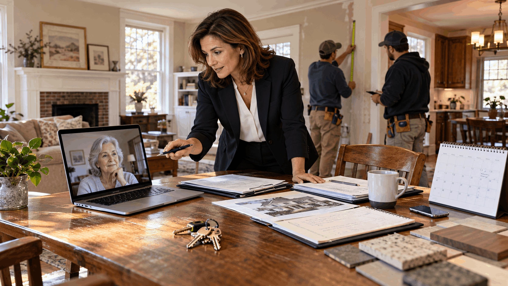Out-of-state probate seller on a video call while a North Jersey real estate professional coordinates contractors, title documents, repair notes, house keys, and scheduling inside an inherited home.