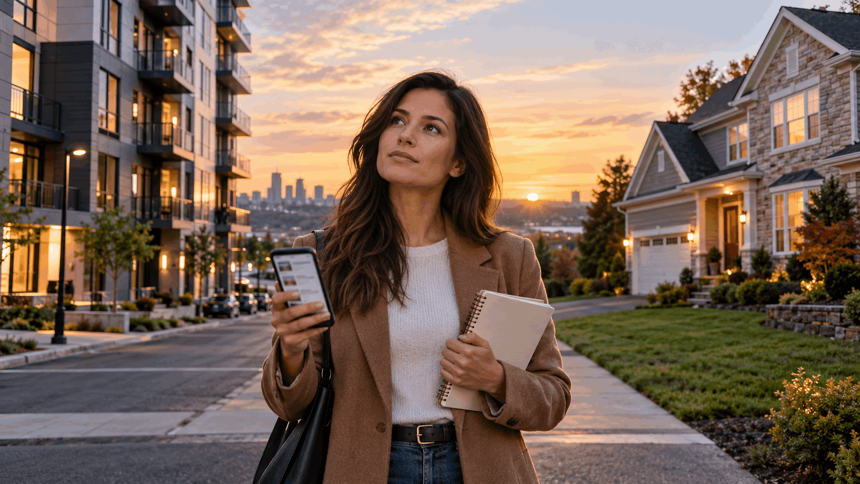 Prospective North Jersey homebuyer comparing apartment living and a suburban home while reviewing a personal budget and housing information on a smartphone.