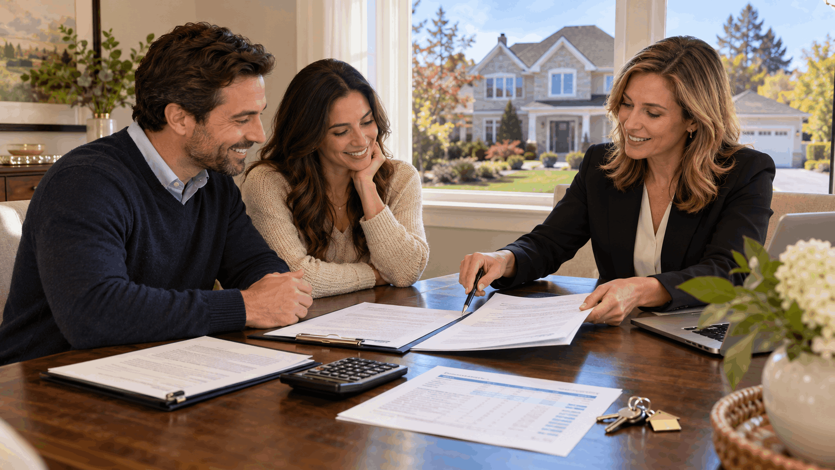 North Jersey homebuyer reviewing an offer strategy and seller concession options with a real estate professional, purchase documents, calculator, closing-cost worksheet, and house keys.