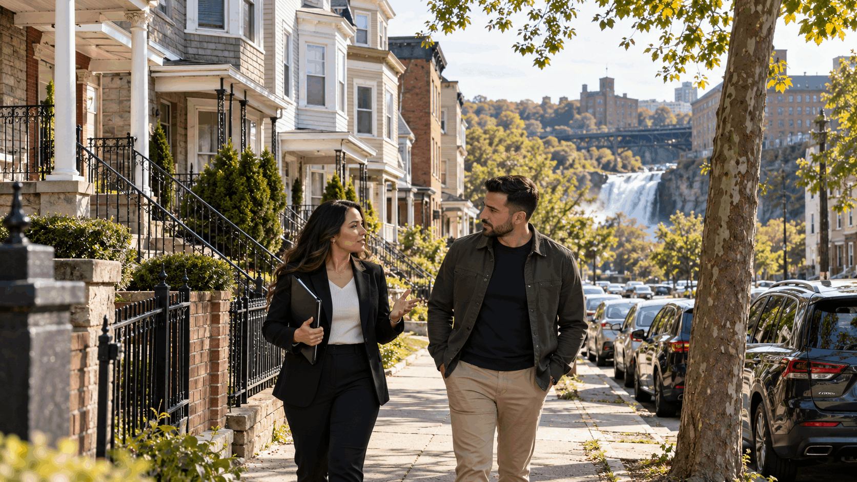 Paterson, New Jersey streetscape with two-family and three-family homes, a prospective buyer and local real estate professional discussing property options near the Great Falls area.