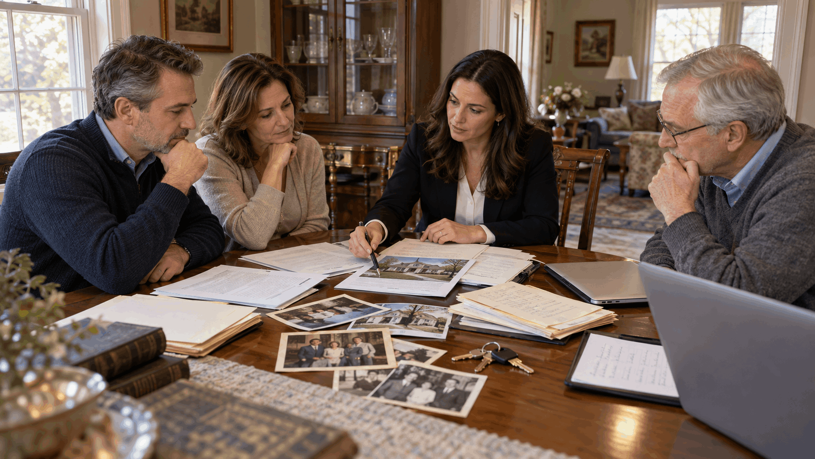 Adult heirs reviewing an inherited North Jersey home with a real estate professional, estate documents, mortgage papers, repair notes, family photos, and house keys.
