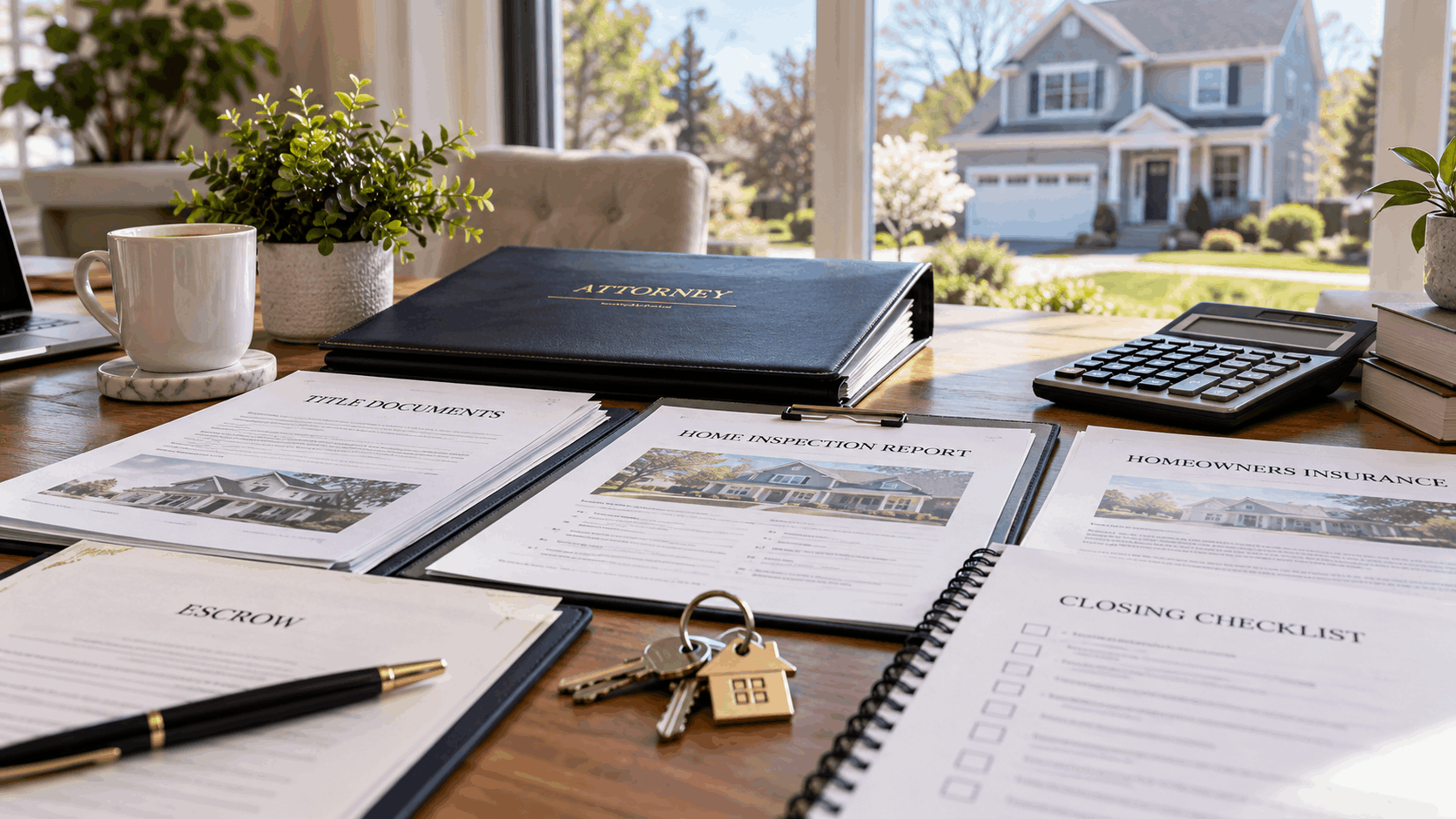 Homebuying closing-cost planning desk with title documents, inspection report, homeowners insurance papers, escrow notes, calculator, closing checklist, and house keys with a New Jersey home in the background.