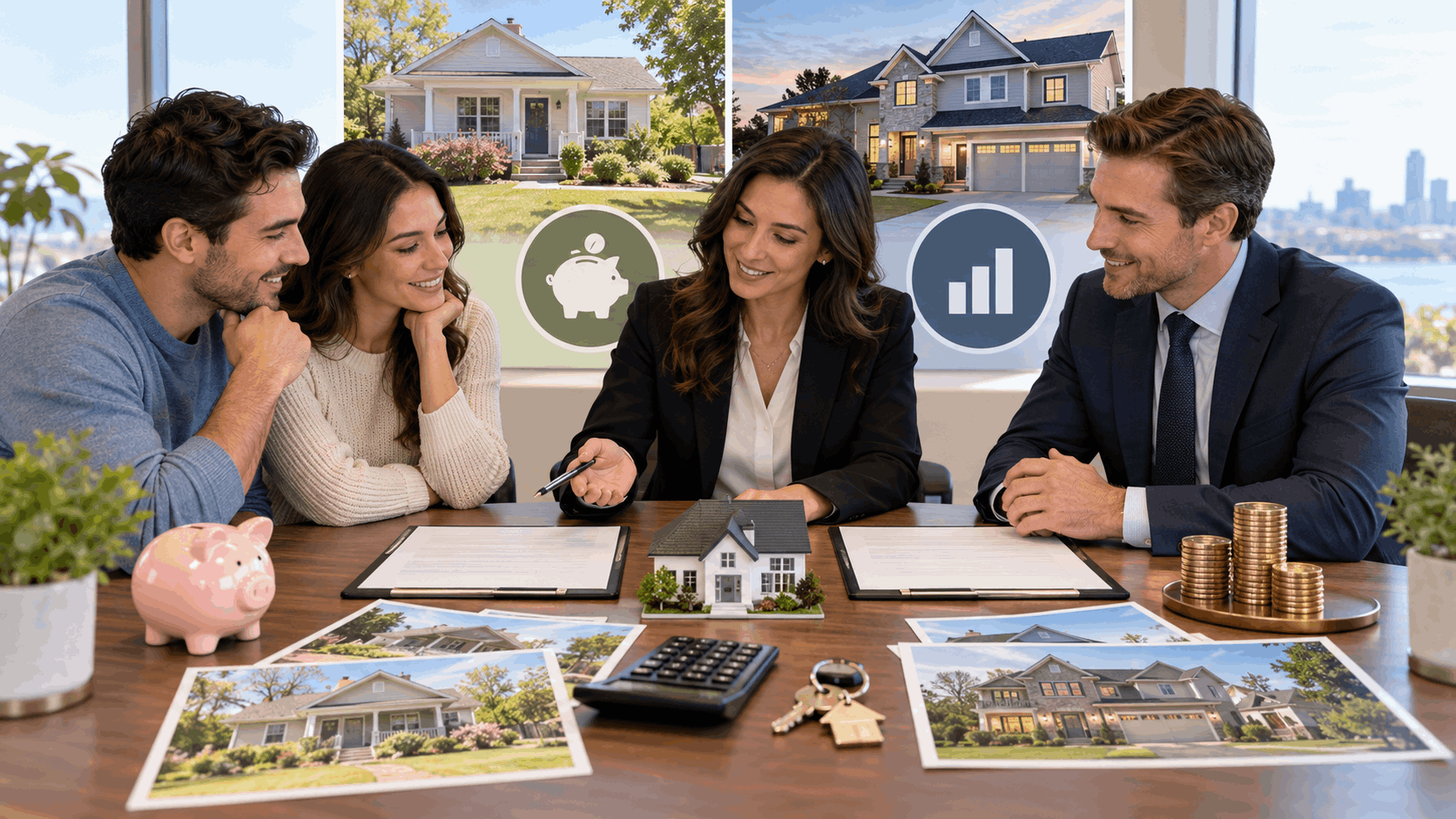 First-time homebuyer comparing FHA and conventional mortgage options with a lender and North Jersey real estate professional, with home photos, calculator, house keys, and financing documents on the table.