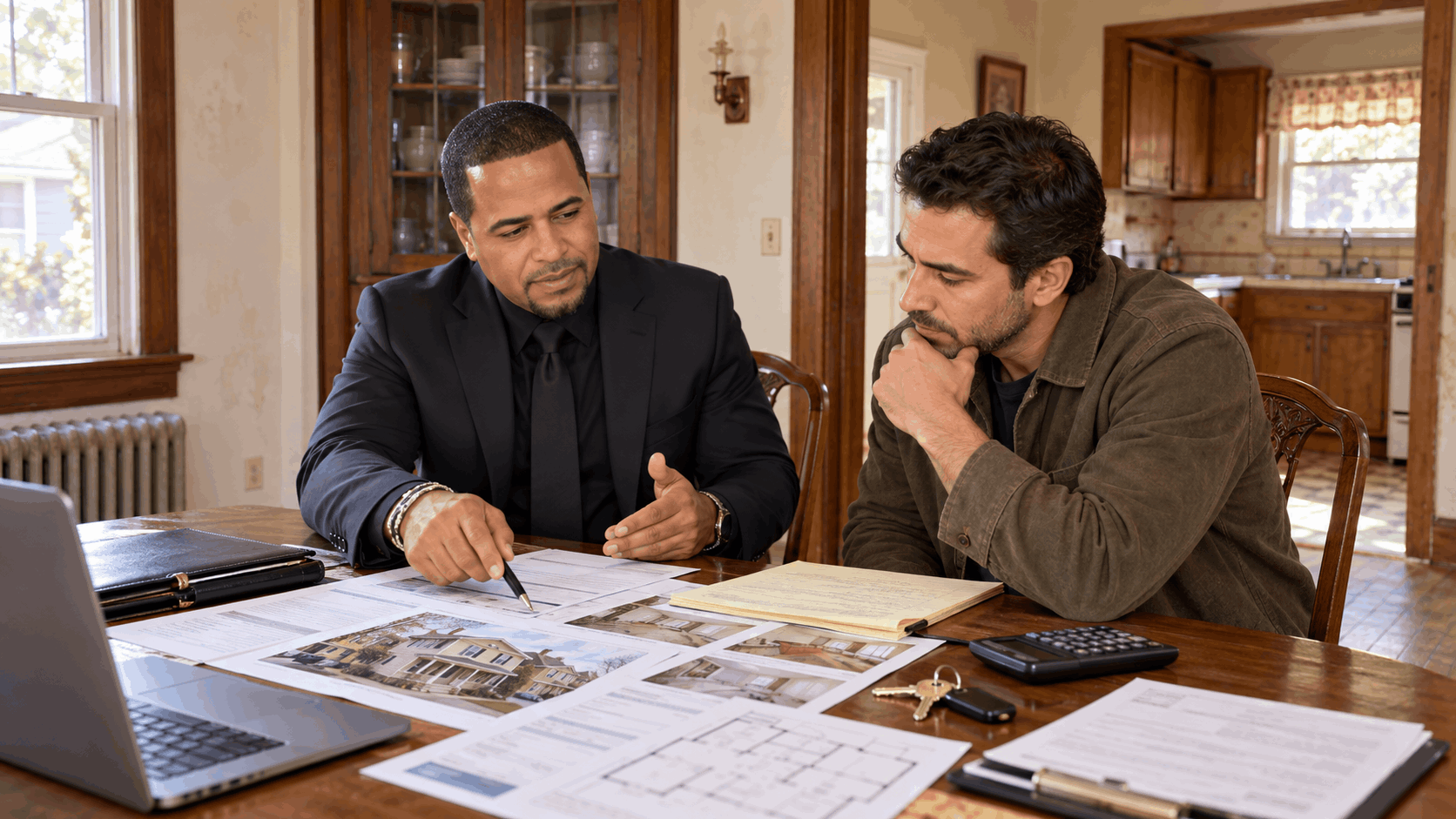 North Jersey real estate professional and investor reviewing an inherited probate property, comparable sales, renovation notes, calculator, and house keys inside an older New Jersey home.