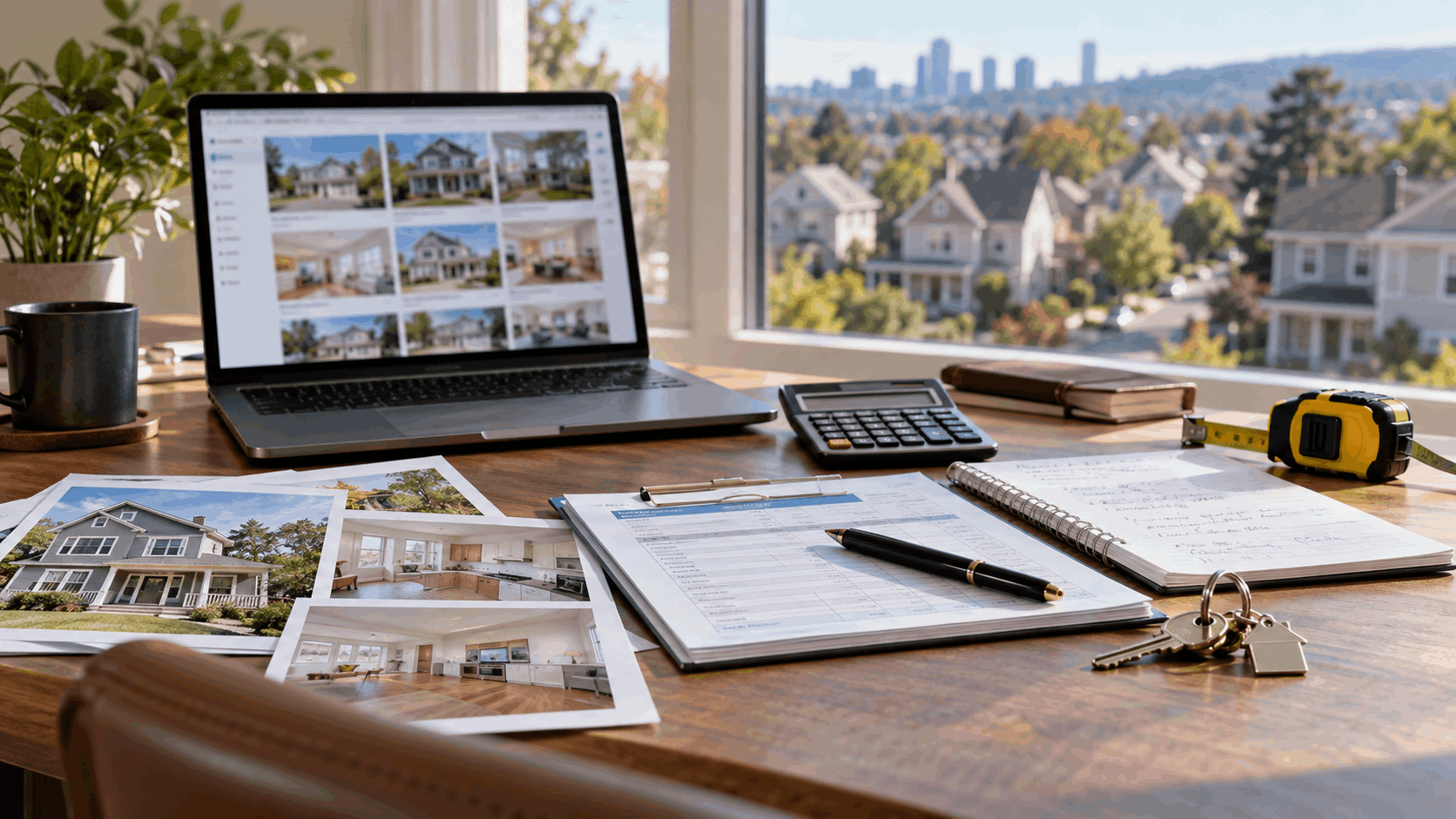 North Jersey real estate investment analysis workspace with comparable property photos, renovation budget, rental income notes, calculator, measuring tape, and house keys.