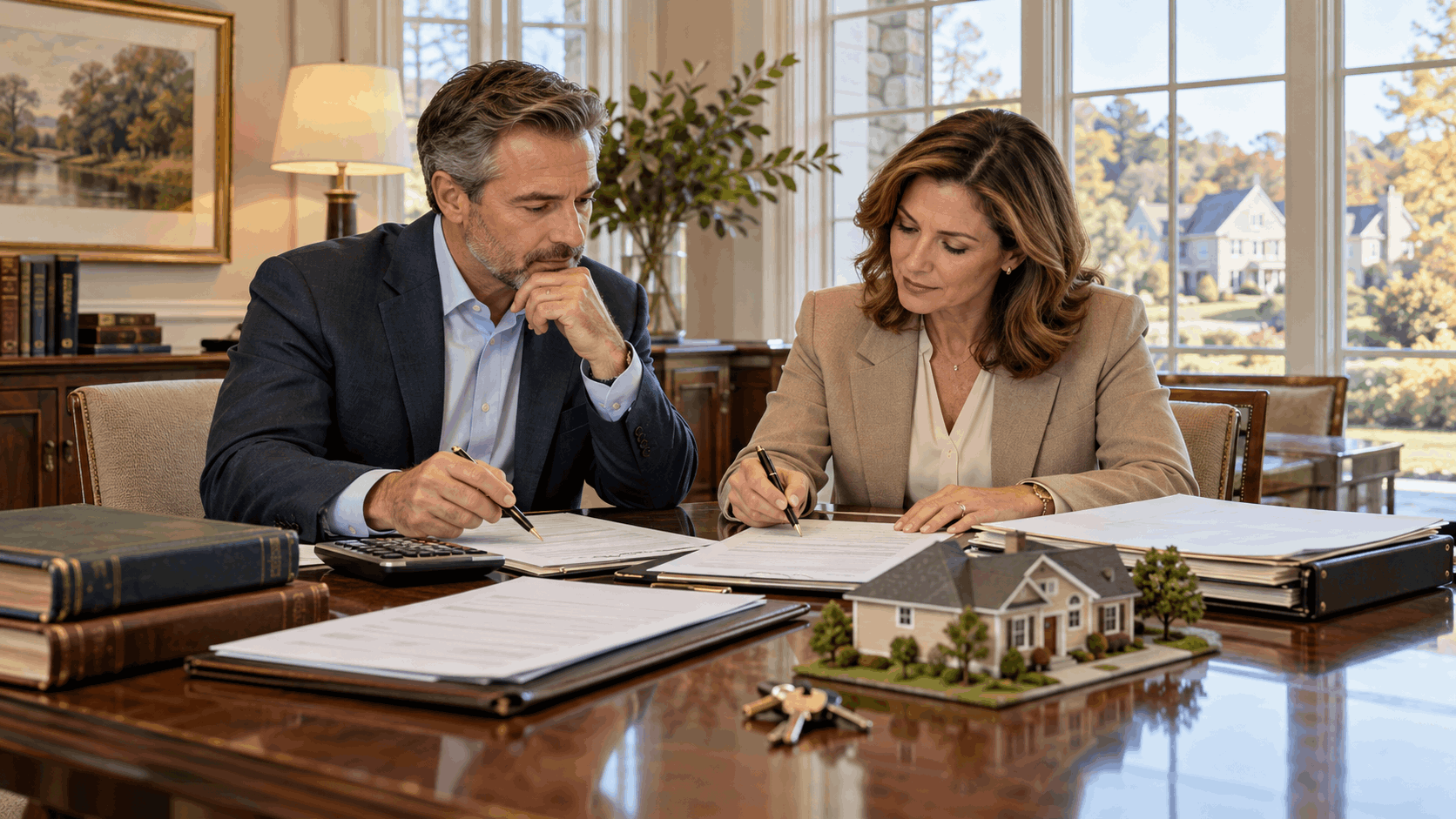 New Jersey estate executor reviewing compensation, estate accounting documents, and inherited property assets with a financial professional in an Essex County office.