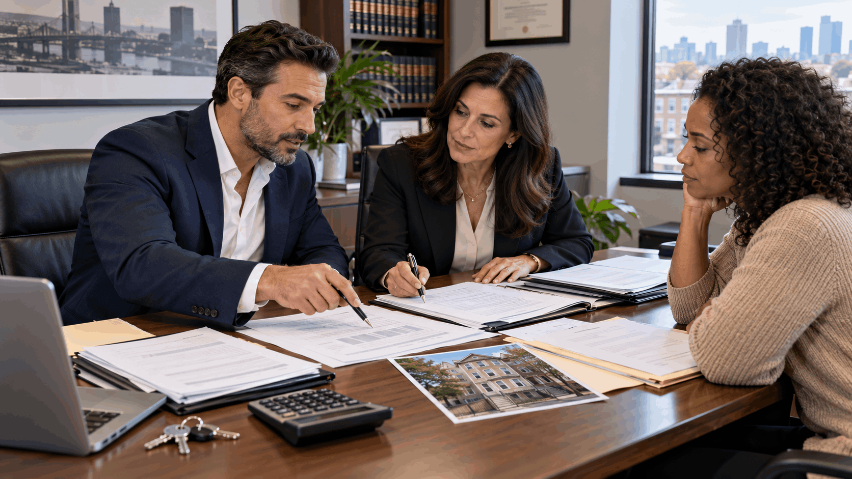 North Jersey real estate professional and probate attorney reviewing mortgage payoff statements, property liens, and title documents with an heir selling an inherited multifamily home in Newark, NJ.