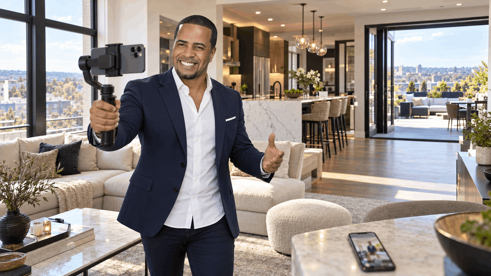North Jersey real estate agent filming a social media property walkthrough with a smartphone gimbal inside a luxury Clifton, NJ townhome featuring a modern kitchen, open-concept living room, and private rooftop terrace.