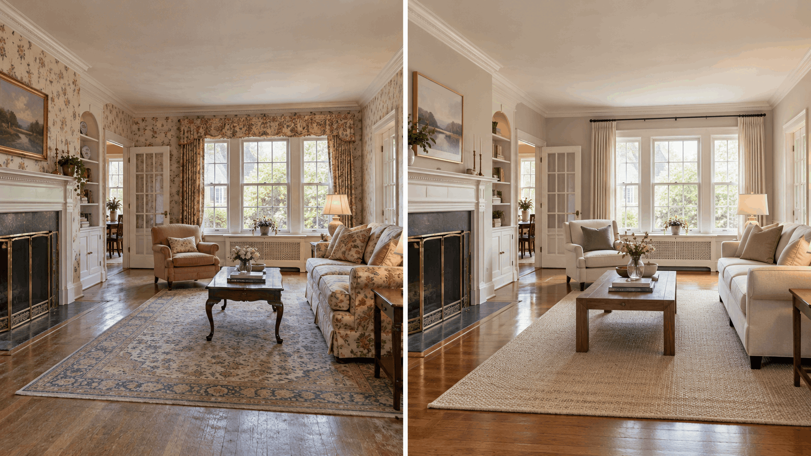 Side-by-side comparison of an inherited Essex County living room showing a dated as-is interior on one side and a lightly refreshed, move-in-ready version on the other.
