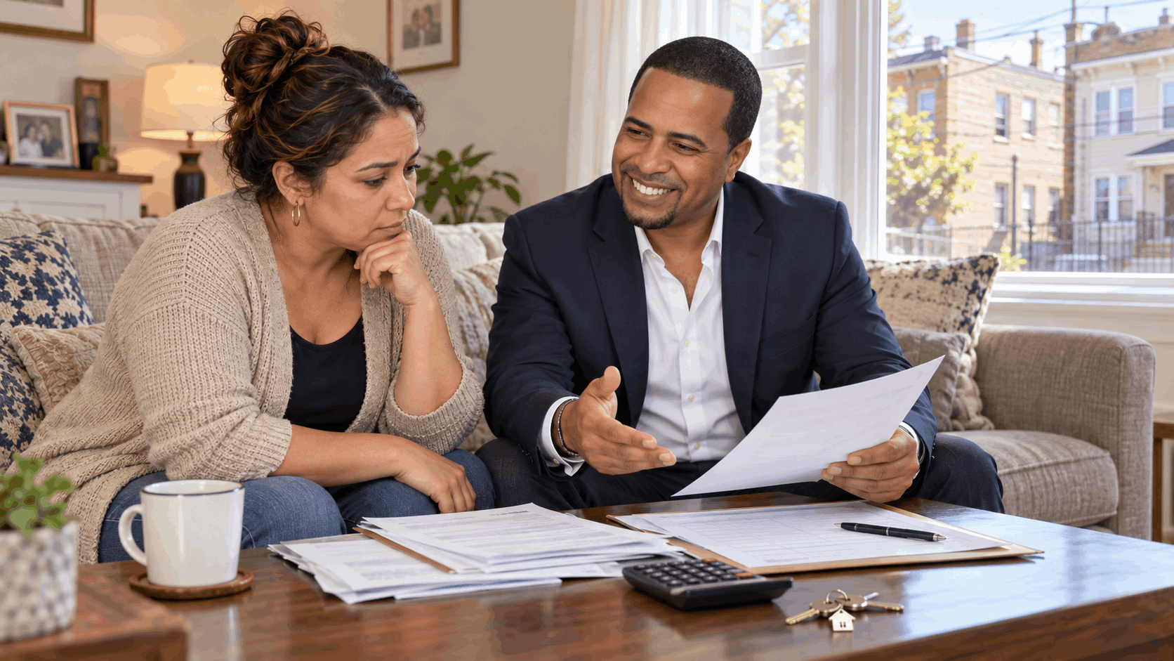 North Jersey short sale real estate specialist reviewing mortgage documents and financial options with a concerned homeowner inside a Paterson, NJ home, discussing solutions to avoid foreclosure.