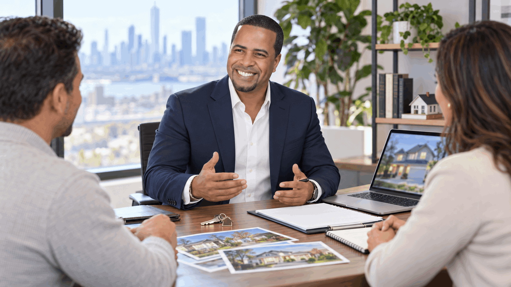 North Jersey real estate agent consulting with prospective homebuyers and sellers in a modern office, reviewing property listings and answering home buying and selling questions.