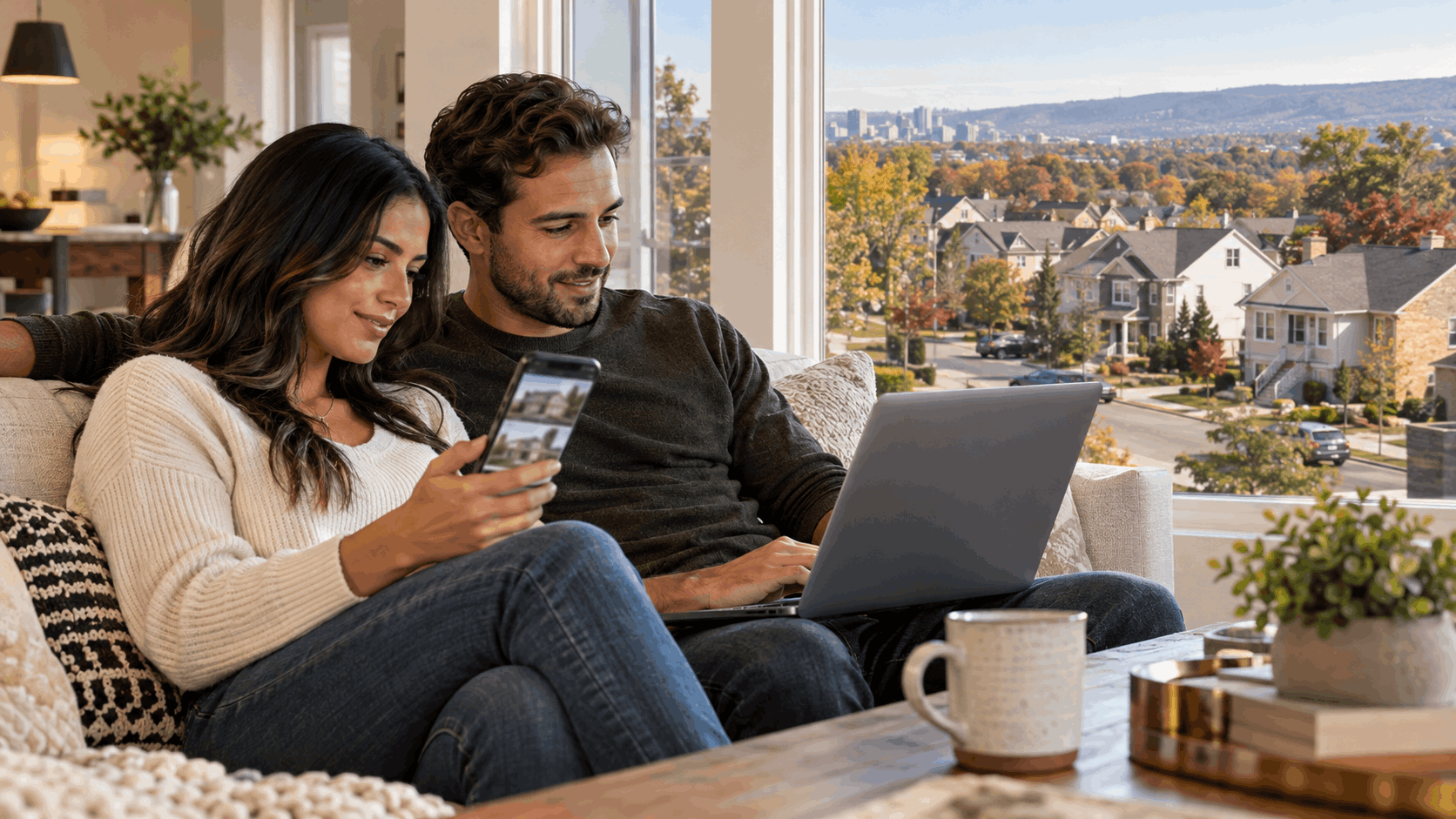 Diverse young couple searching for homes online using a laptop and smartphone inside a modern home overlooking a residential neighborhood in Clifton, New Jersey.