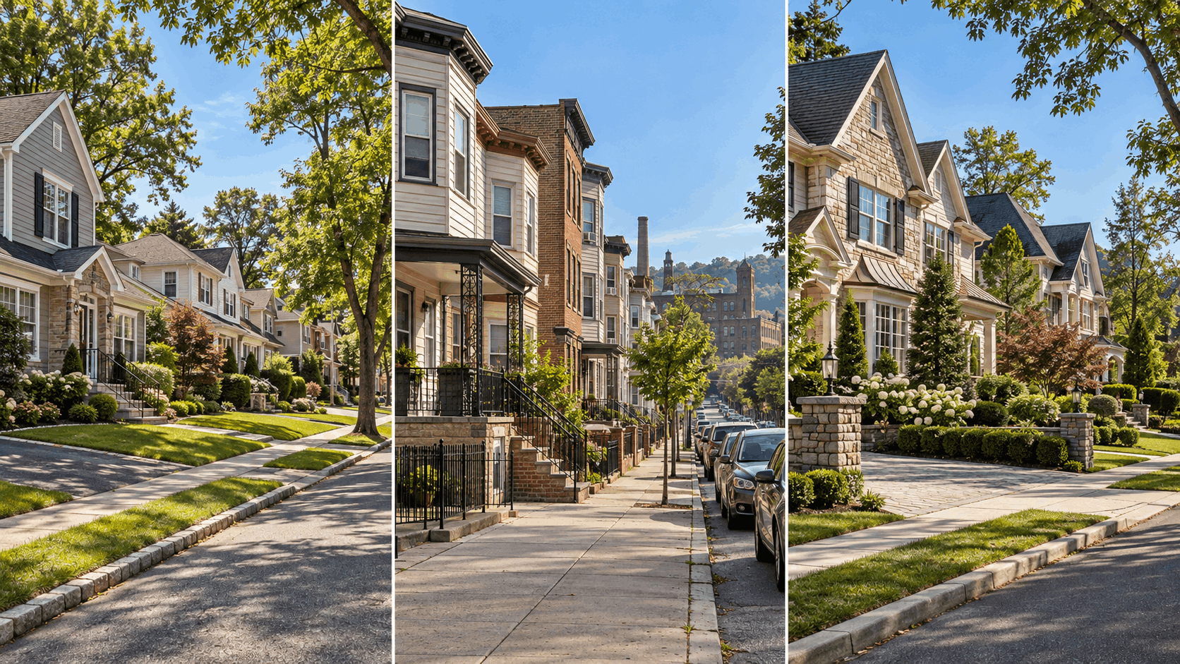 Side-by-side comparison of North Jersey real estate neighborhoods featuring Clifton single-family homes, Paterson multifamily properties, and upscale Bergen County houses.