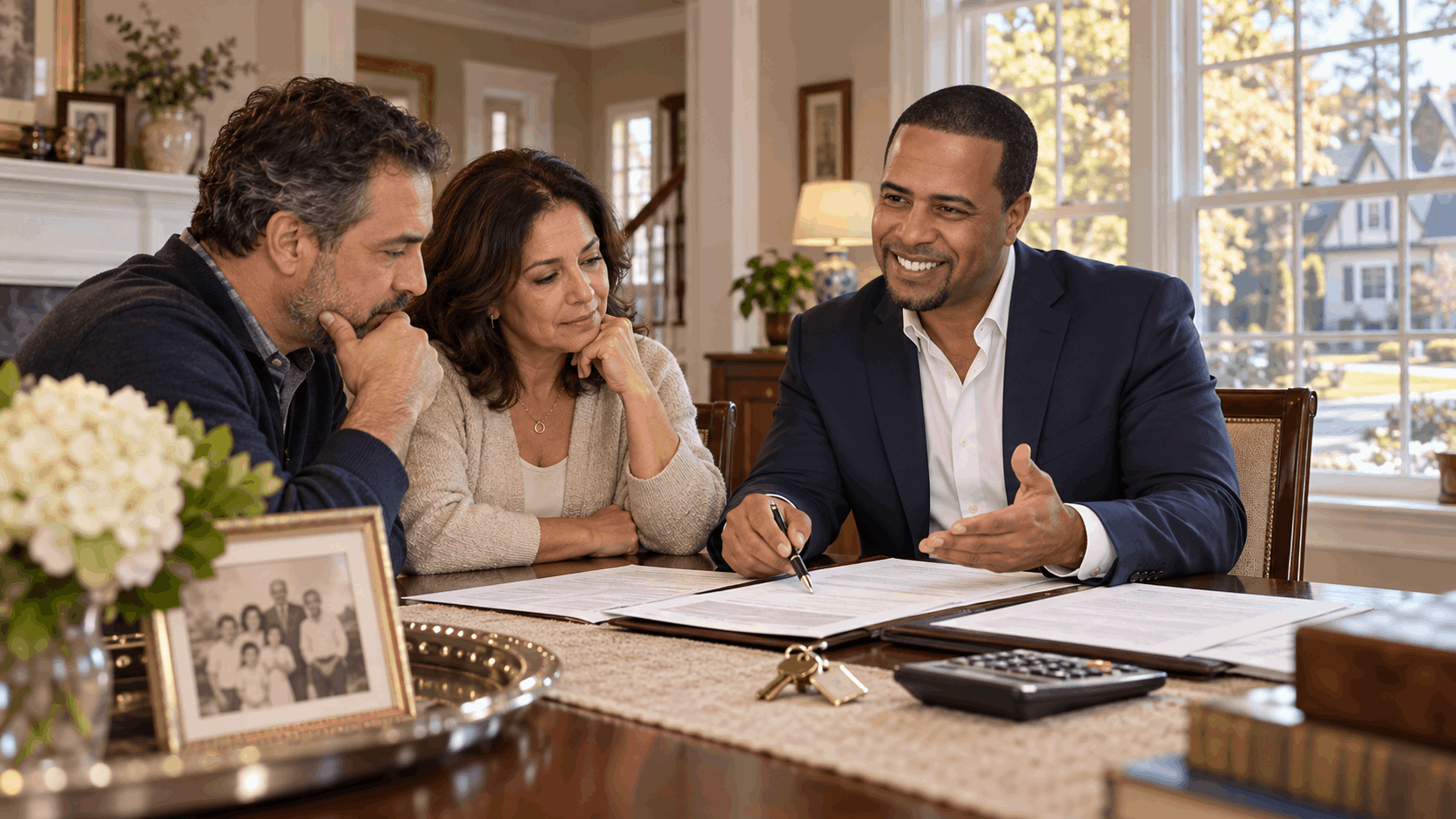 North Jersey probate real estate specialist reviewing estate documents, property expenses, and inherited home sale options with two adult heirs inside an Essex County, NJ family home.