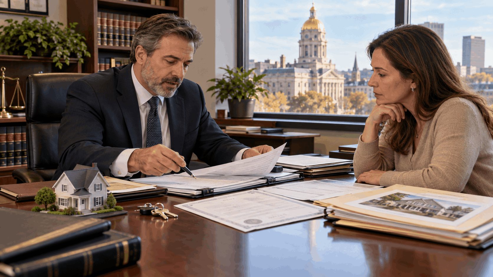 Essex County, NJ probate attorney reviewing estate documents, wills, and inherited property paperwork with an executor during a professional estate consultation.
