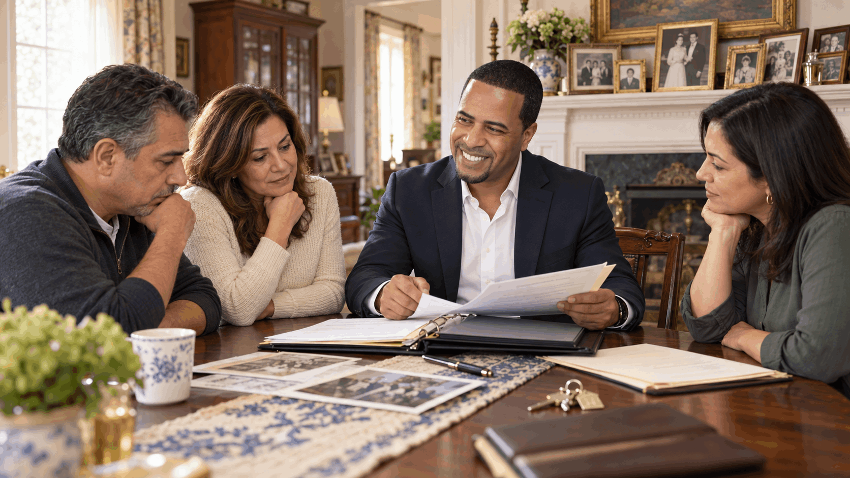 North Jersey probate real estate specialist reviewing estate documents with three adult heirs inside an inherited New Jersey family home, discussing property sale options and the probate process.