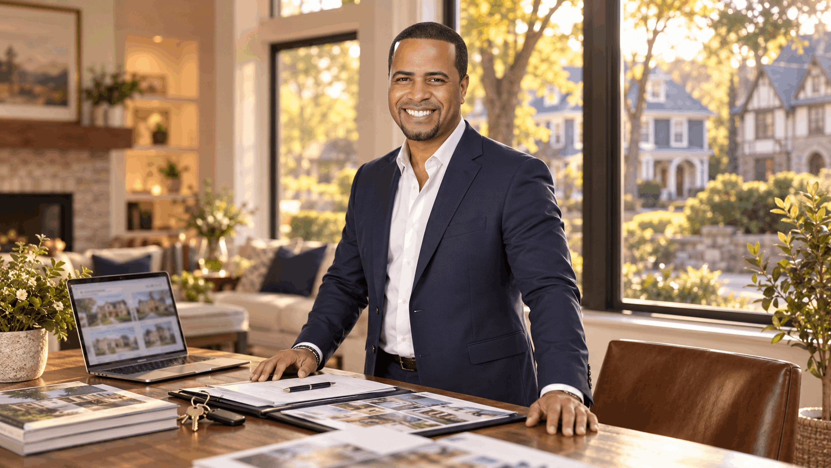 Experienced North Jersey real estate agent Johnny Rodriguez standing inside an elegant Essex County, NJ home with property listings, market comparisons, and real estate documents, serving Montclair and West Orange homeowners.