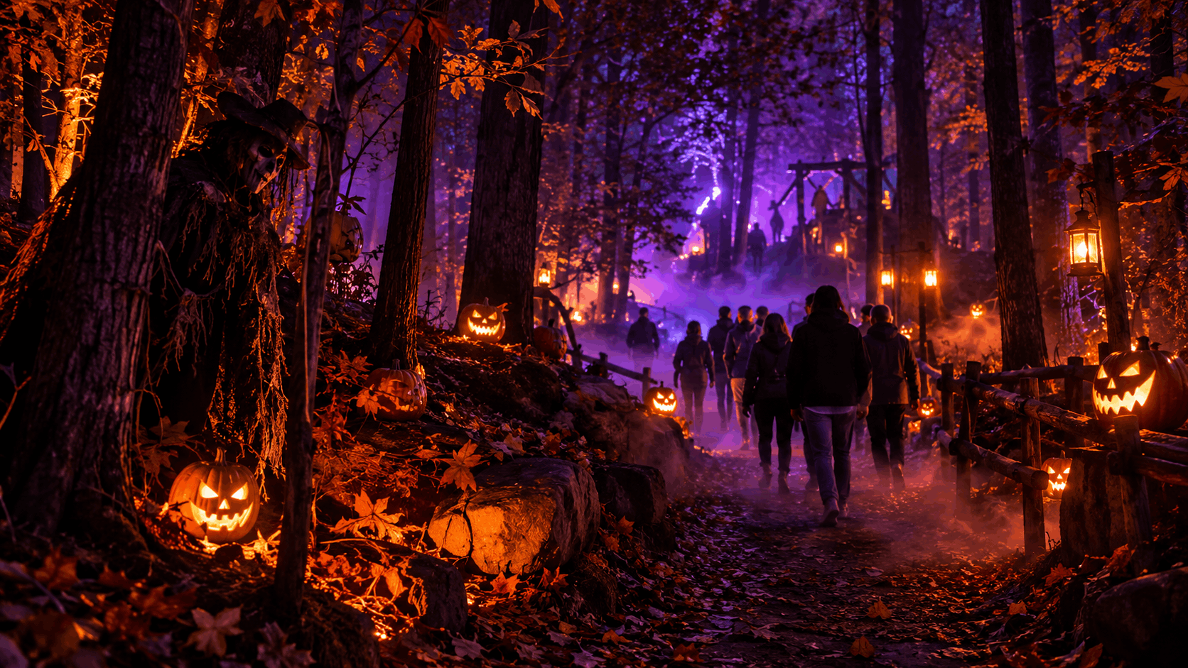 Halloween haunted forest trail inspired by Pantophobia in Mahwah, NJ, featuring glowing jack-o'-lanterns, eerie purple lighting, rolling fog, costumed scare actors, and visitors exploring a spooky outdoor attraction in North Jersey.